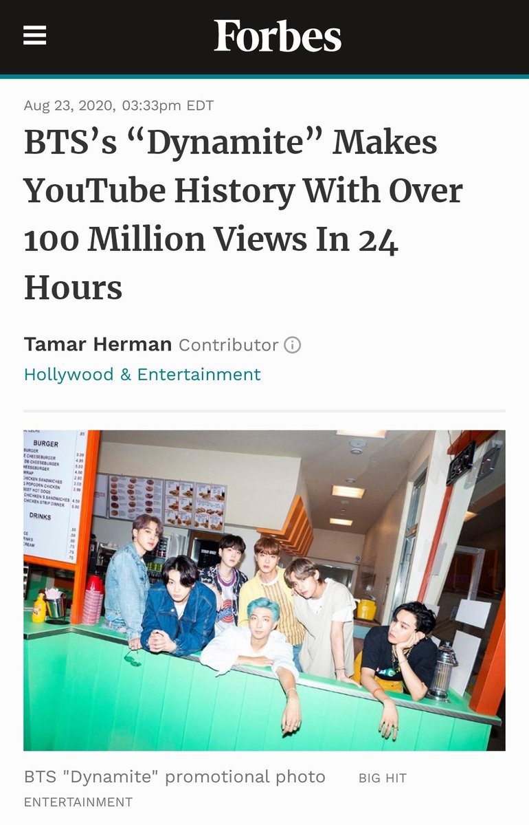 TheWingsOfB's tweet photo. [NEWS]

YouTube confirma a Forbes que el MV oficial de "Dynamite" ha establecido un nuevo récord histórico de 24 horas, superando los 100 millones de visitas con 101,1 millones de visitas en las primeras 24 horas.

#BTS_Dynamite @BTS_twt #Dynamite101MParty 
Cr.BTSPressData https://t.co/6AEb1164Mu