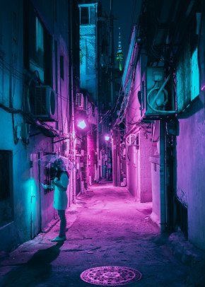 suki: cyberpunk - key colors: black, neon pink, neon blue, and neon purple - high tech, low life - pink led motorcycles - tactical style and combat boots - rain - alleyways - technology - cityscapes