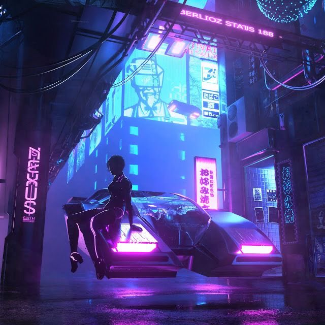 suki: cyberpunk - key colors: black, neon pink, neon blue, and neon purple - high tech, low life - pink led motorcycles - tactical style and combat boots - rain - alleyways - technology - cityscapes