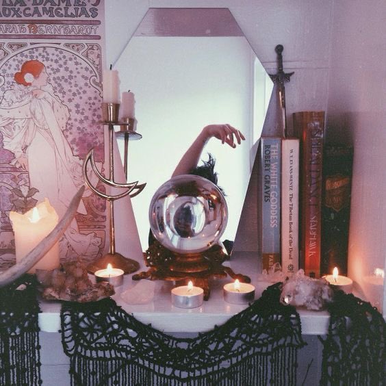 ty lee: witchcore - key colors: earth tones, black, purple, and pink - spirituality and the natural world - tarot cards - candles - spells - incense - outdoors - sage