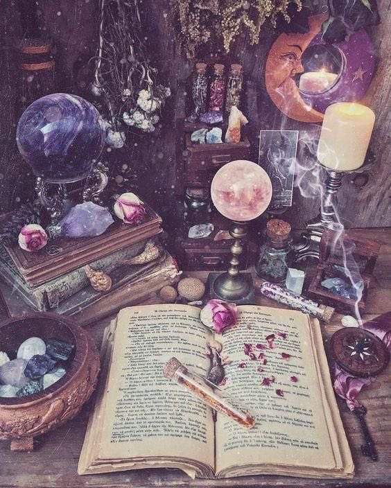 ty lee: witchcore - key colors: earth tones, black, purple, and pink - spirituality and the natural world - tarot cards - candles - spells - incense - outdoors - sage