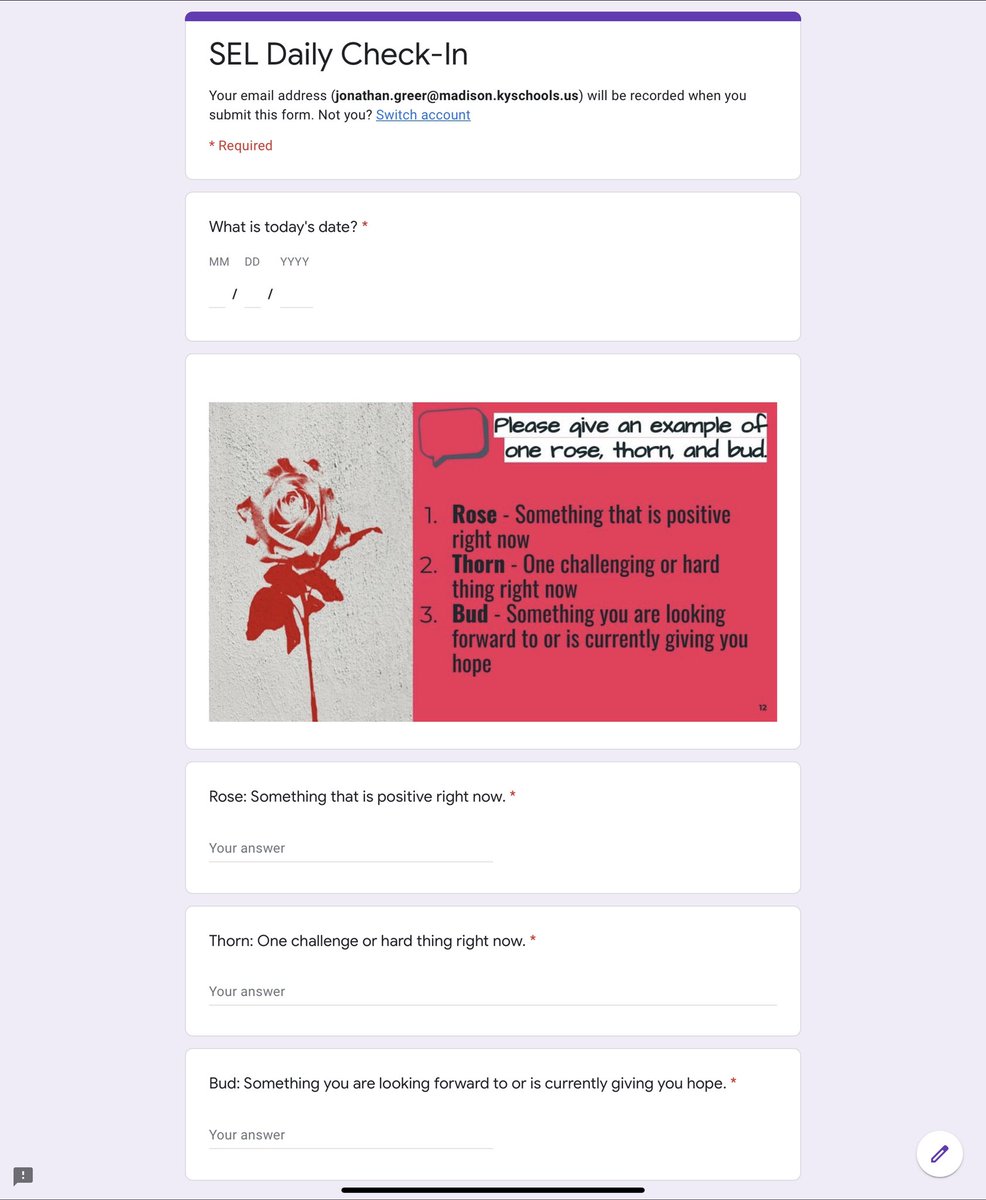 Mister_Greer's tweet photo. Here’s what I created with what was shared with me into a #GoogleForm to help with #SEL on our #DailyCheckIns in @GoogleClassroom and also sometimes on @PearDeck .... https://t.co/Exr6VulkVb