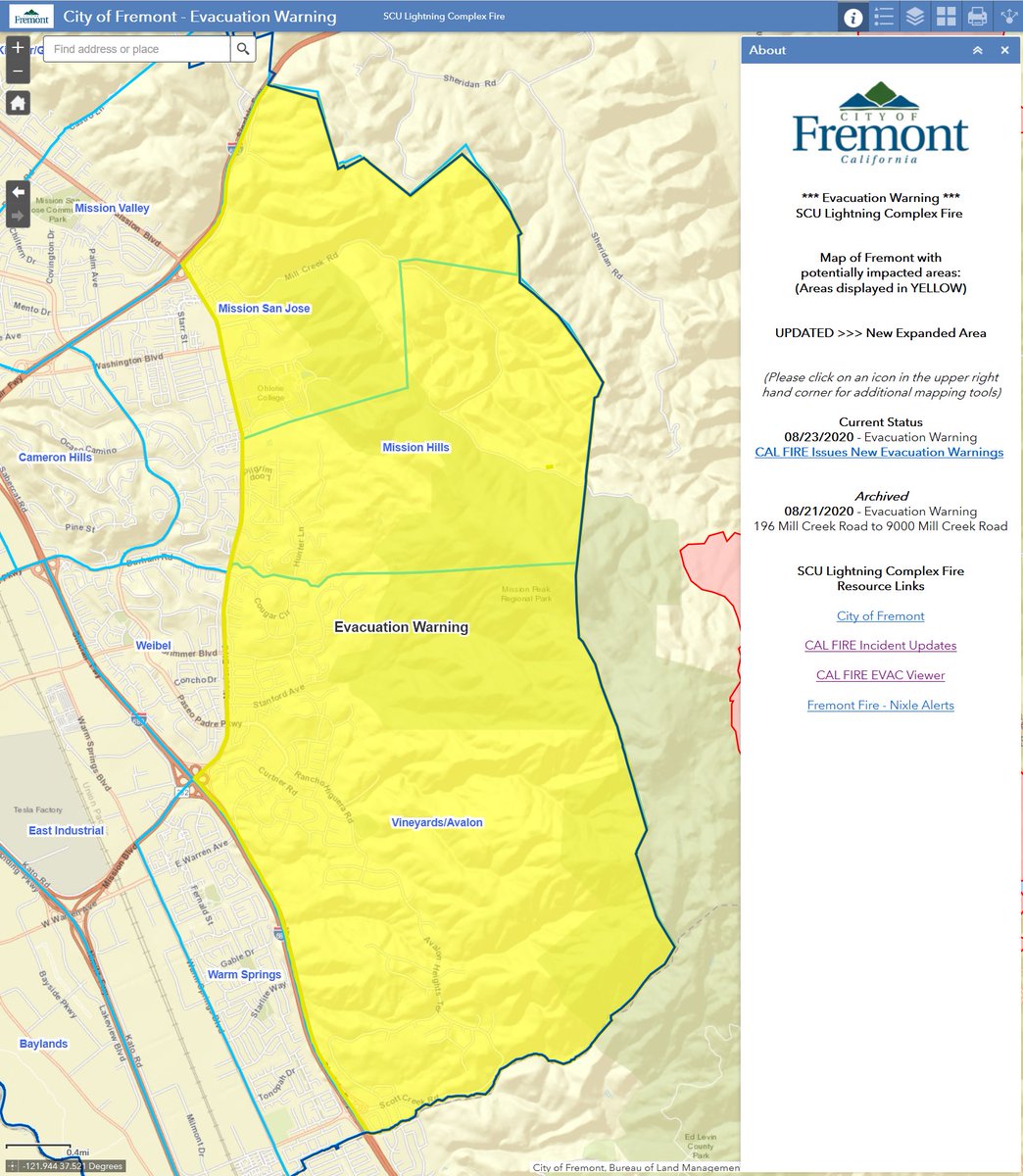 Fremont_CA's tweet photo. Good afternoon, Fremont. We've posted new information re: Evacuation Warning for #SCULightningComplex for Fremont https://t.co/GWx2Z9pHIS https://t.co/RVIYbmsLRf
