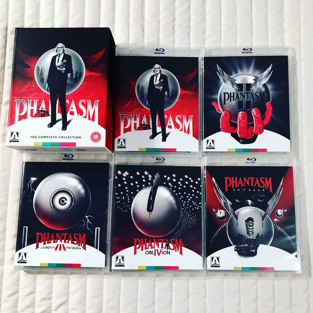 DennisAlexis84's tweet photo. Ready to watch the movies in the "Phantasm" series for the first time on Blu-ray. Yay! ๐ฅ๐
#Phantasm #Phantasm1979 #PhantasmII #PhantasmIIILordOfTheDead #PhantasmIVOblivion #PhantasmRavager #DonCoscarelli #AMichaelBaldwin #ReggieBannister #AngusScrimm #horror #scifi #bluray https://t.co/VYspa656R9
