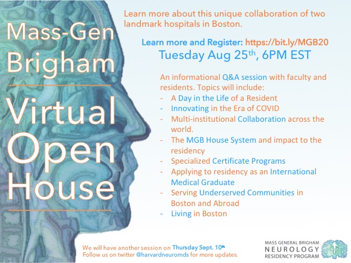 One final reminder to make sure to register! Come to the #MGBNeurology Virtual Open House on Aug 25th at 6PM EST! It's going to be 🔥🔥🔥

Register: partners.zoom.us/webinar/regist…

#NeuroTwitter #MedEd #Neurology