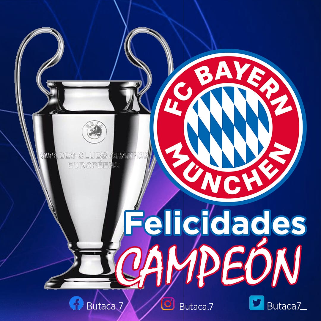 Butaca7_'s tweet photo. ¡#Bayern es campeón! 
¡El equipo alemán consigue su sexto título de champions!
Por primera vez en la historia del campeonato europeo un equipo ganó todos sus encuentros 🔥

#Butaca7 #UEFACL #MiaSanMia #FCBayern ⚽ https://t.co/QDSqM1iVkV