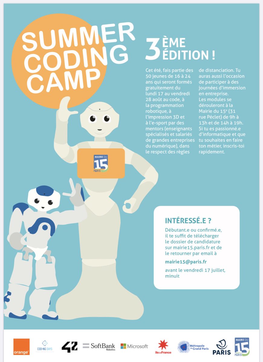 i2form's tweet image. Participation I2FORM à l’édition du SUMMER CODING CAMP 2020 - Paris - Mairie du 15ème. 
Au programme, 3 jours de robotique et de programmation avec des robots NAO qui permettront aux participants de devenir les maîtres du robot.
#VacancesApprenantes
#i2form
#stem @SBREurope