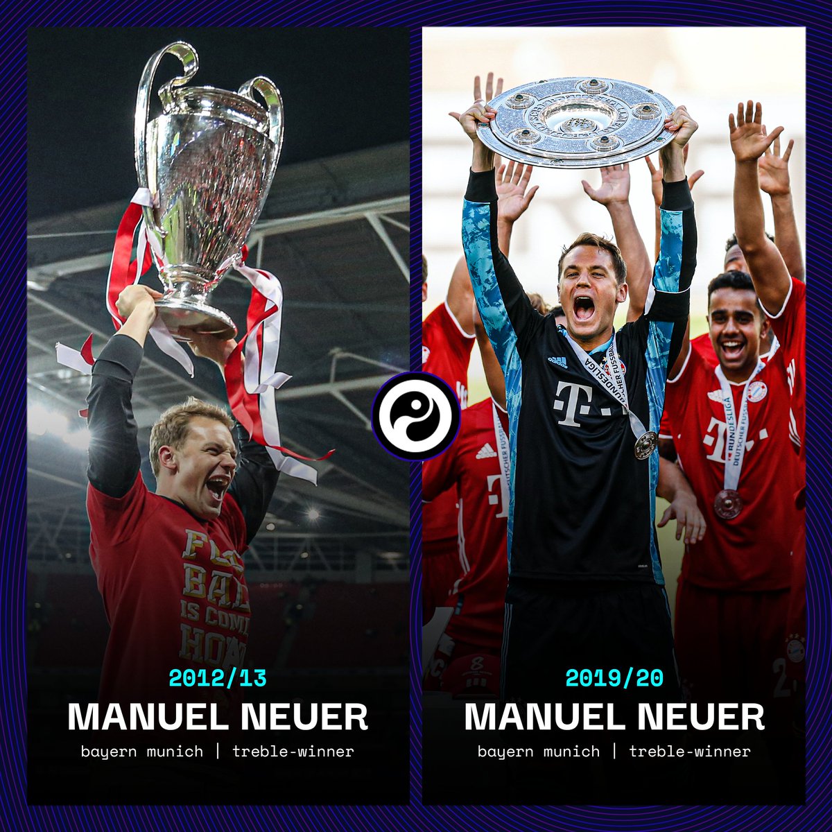 2012/13: Manuel Neuer wins the treble with Bayern Munich2019/20: Manuel Neuer wins the treble with Bayern MunichDifferent year, same result. 