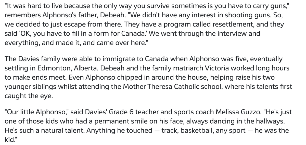 AhmarSKhan's tweet photo. While many Canadians are celebrating Alphonso Davies, as they should, I just want to remind people he's a refugee who was displaced and eventually his family settled in Canada. 

Refugees can amount to greatness and above, if we give them the same chances. https://t.co/uTpOKU3YpO