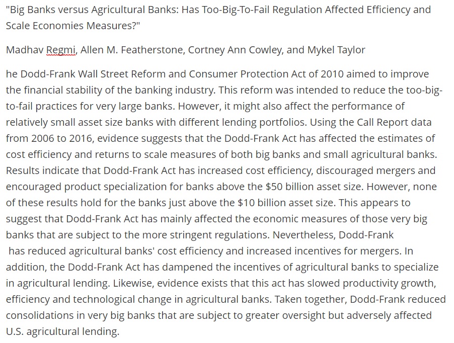 Forthcoming in the AJAE: "Big Banks versus Agricultural Banks: Has Too-Big-To-Fail Regulation Affected Efficiency and Scale Economies Measures?" by <a href="/Madhav_Regmi/">Madhav Regmi</a> et al.