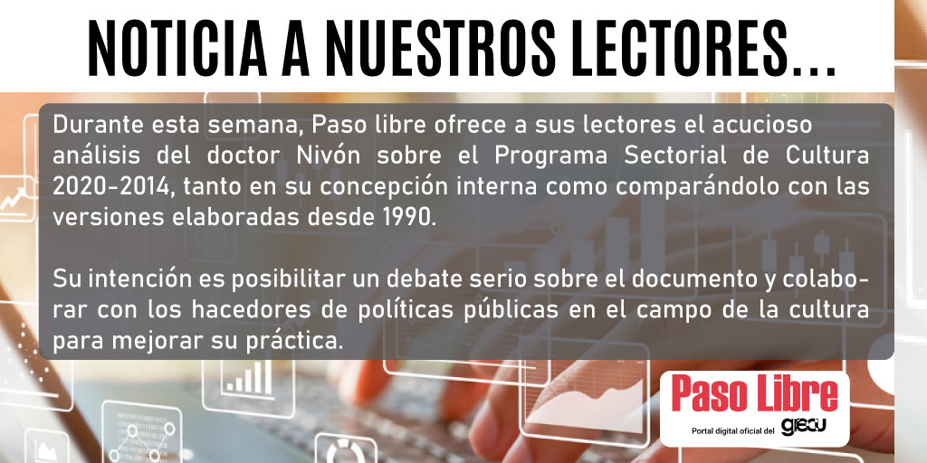 grecumx's tweet photo. ¡#AtenciónSectorCultural, inicia mañana! Un anuncio importante de #PasoLibre... #cultura #políticasculturales #gestióncultural #ProgramaSectorialDeCultura #PSC2014 #SecretaríaDeCultura #políticaspúblicas #EduardoNivónBolán #Grecu https://t.co/yRm3A6PwYn