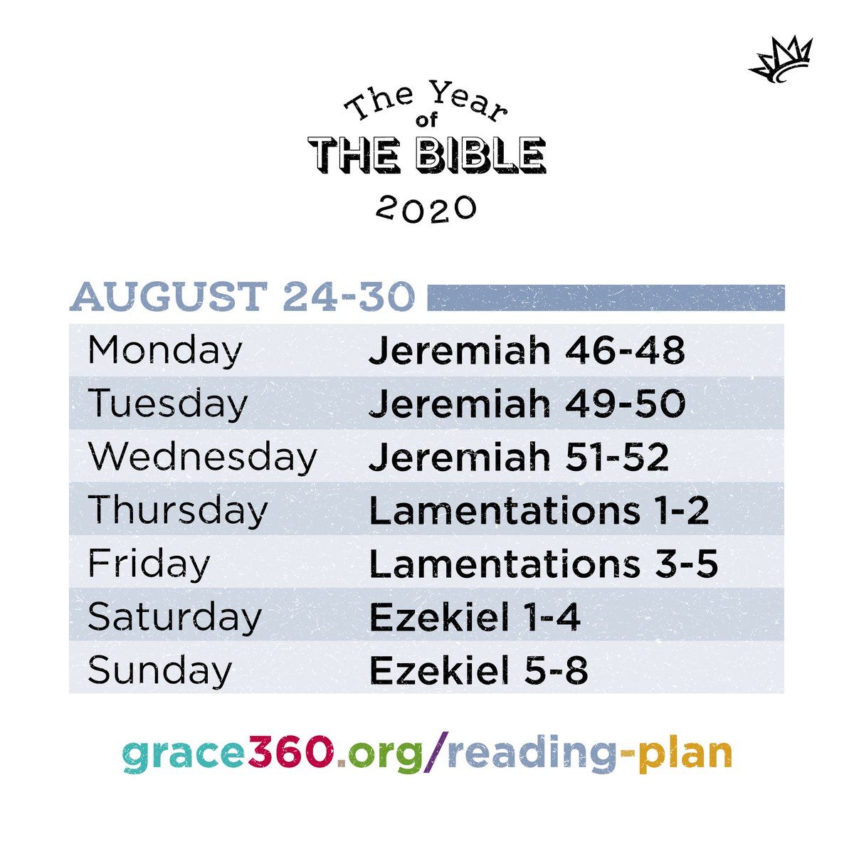 Reading the Bible in 2020 with Grace? Here are the chapters for this week. Check out grace360.org/reading-plan for details on how to start this plan on your phone or tablet or to download a copy of the entire plan.