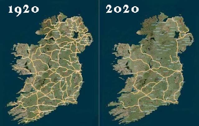 100 year difference of Irish Railways.. note the lack of investment  in the North Western counties 🤔
