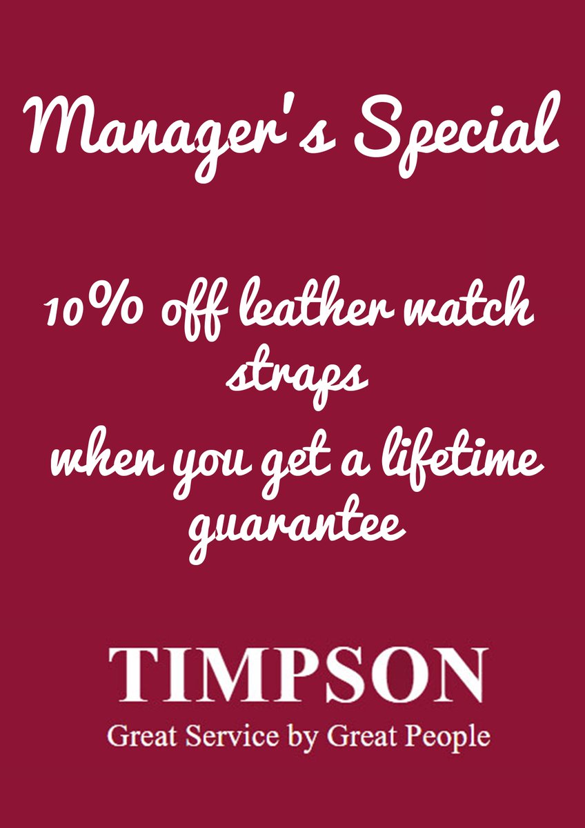 TimpsonAsda's tweet image. "Manager's Special"

10% off leather watch straps ⌚️ when you get a lifetime guarantee only available at Timpson Dundee within ASDA. 

Offer ends Monday 07/09/2020.

@TimpsonNews #Timpson #watch #straps #lifetime #batteries #ASDA