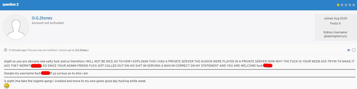 Twentytwopilots On Twitter Gleaming Was Permanently Banned For Playing Inappropriate Bypassed Audio That Violates Roblox S Community Rules And Following It Up By Slinging Racial Slurs At The Staff Team In His Appeal - bypassed roblox audios august 2018