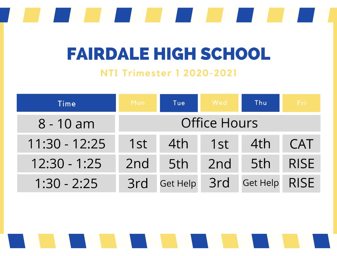 Yo, Fairdale! If you’re wondering what the schedule is going to look like starting Tuesday, I’ve got your back. Check Google Classroom for class info! #Fairdale4Life #WeAreJCPS #BackToSchool