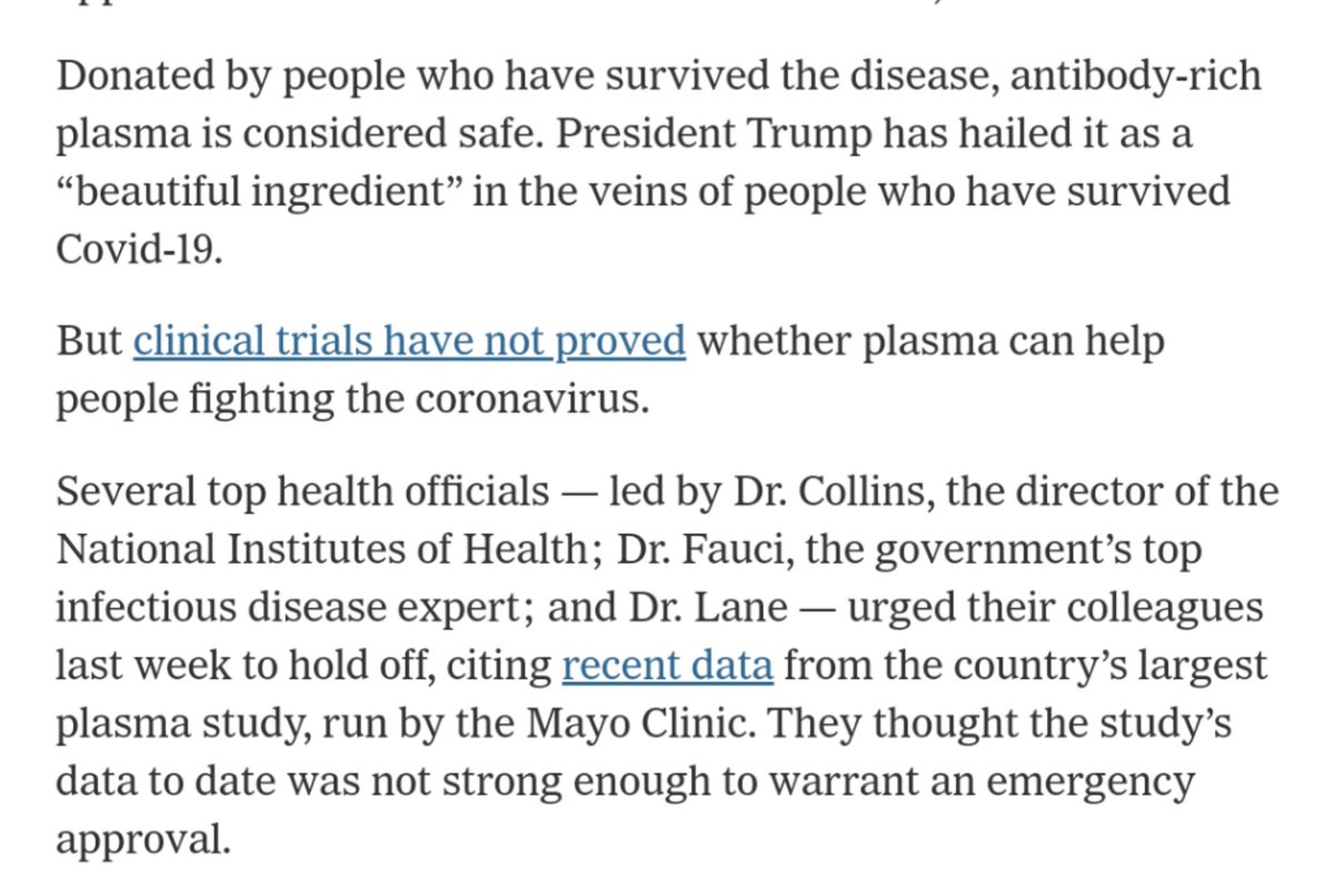 This is from a few days ago "Blood Plasma Treatment for Covid-19 Now on Hold at F.D.A." How in a matter of days does the FDA change its position on this?  https://nyti.ms/2Q7q2BT 