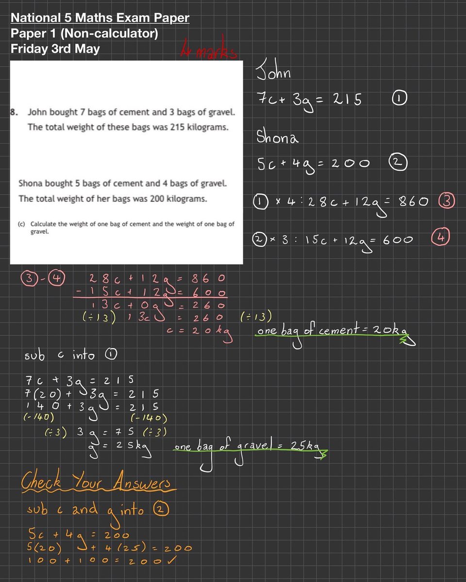 MissionTuition4's tweet photo. QUESTION 8 2019 PAPER 1 NAT 5 🧮 Simultaneous equations can be scary because they require a lot of work... BUT if you break them down into bite size manageable steps then they’re not so scary! 👻 Make sure to always check your answers to avoid any silly mistakes 🙃#missiontuition https://t.co/kSbyTeWFCu