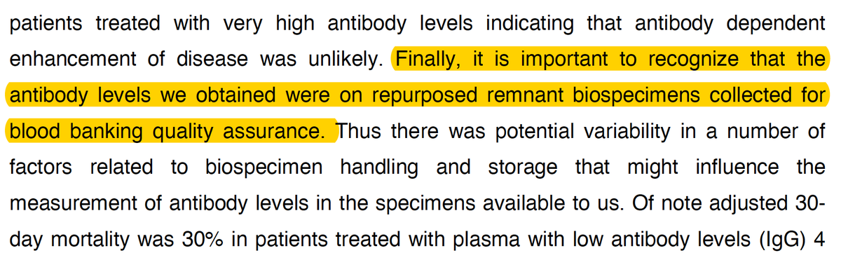 Here's the 8/12 preprint the claim is based on https://www.medrxiv.org/content/10.1101/2020.08.12.20169359v1.full.pdfThese were 2 exploratory analyses without control patients, with multiple confounders, eg early v late RxThe improvement of survival with a high antibody level was a post-hoc determination from stored samples