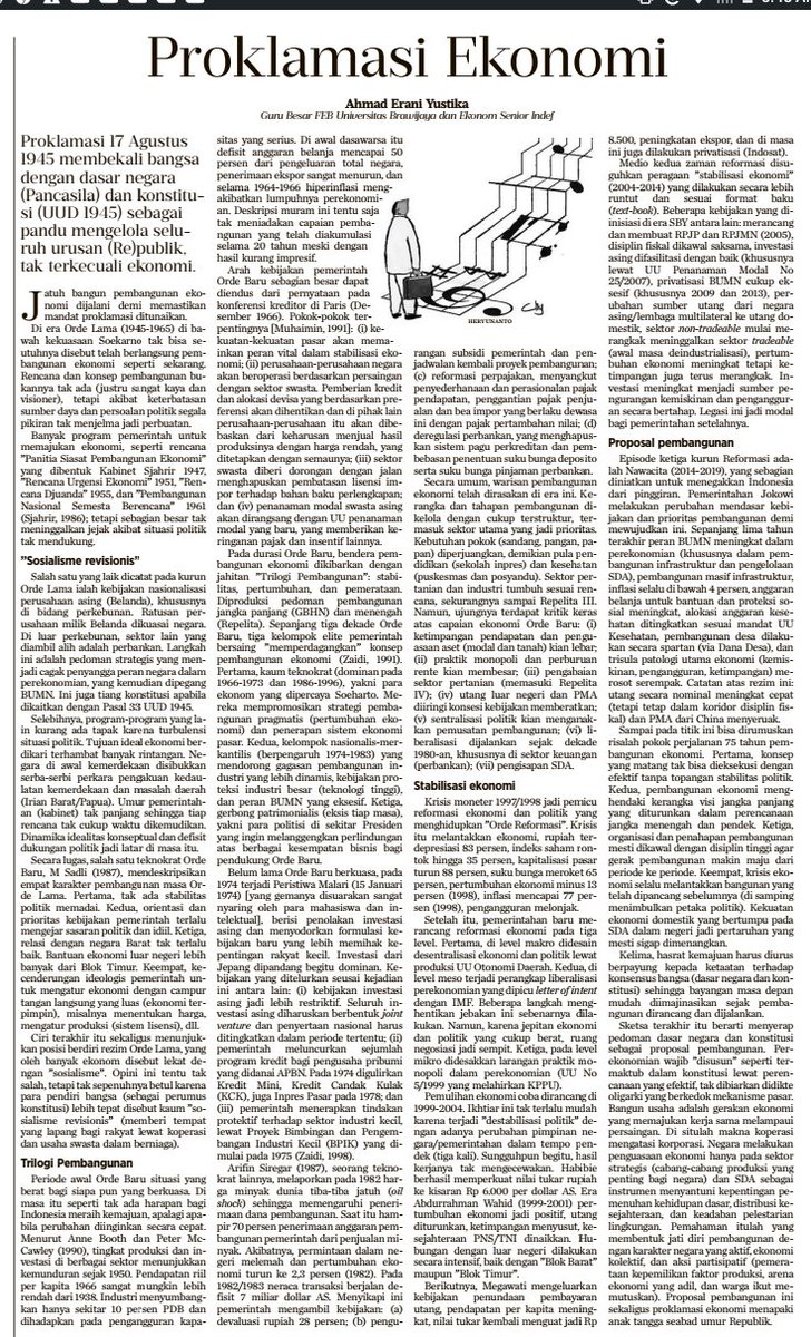 Hari ini saya publikasi tulisan di <a href="/hariankompas/">Harian Kompas</a> soal "sejarah ekonomi Indonesia". Risalah ini didedikasikan untuk kaum (ekonom) muda agar produksi kebijakan di masa depan berhikmah dari warisan masa silam. Bagian "proposal pembangunan" semata sebagai pemicu diskusi. Salam sehat.