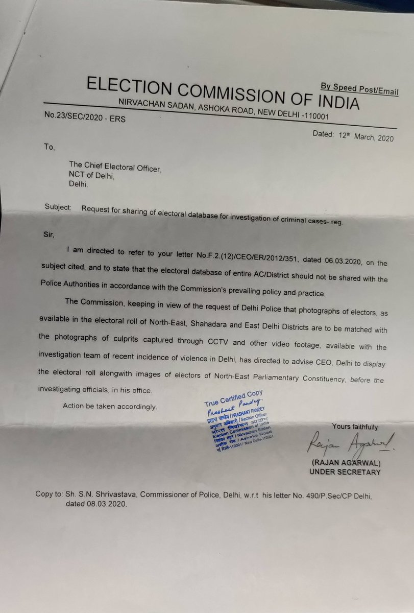 Big breaking:Election Commission of India broke its own rules & shared photos & addresses of all residents of NE Delhi with the police after the February 2020 pogrom. Entire voter lists with photos were handed over illegally to enable “identification” of people. (1/3)