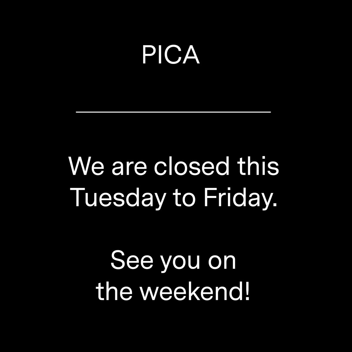Halfway through #Hatched2020, we are closing the galleries for a few days for some scheduled building maintenance. The good news? This work brings us closer to the re-opening of our neighbour PICA Bar... stay tuned for details!