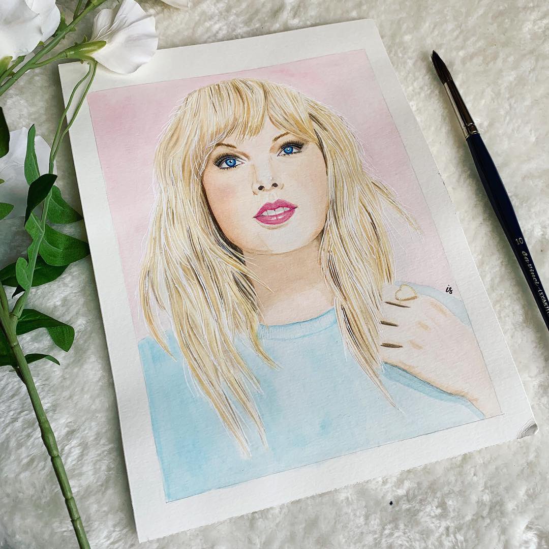 IsaSch3's tweet photo. It actually was the time cover of Taylor that had me started to draw her. It was also my first watercolor portrait. These are a few of my other pieces I created during the #lover era 🥰 #oneyearoflover https://t.co/6axAdNbSYI