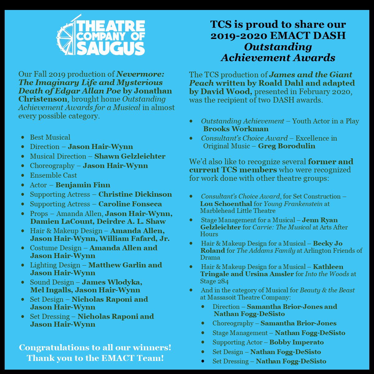 TCSaugus's tweet photo. Congratulations TCS DASH Award Winners! #DASH2020 #EMACT #TheatreCompanyofSaugus https://t.co/2ulVZAVA7K