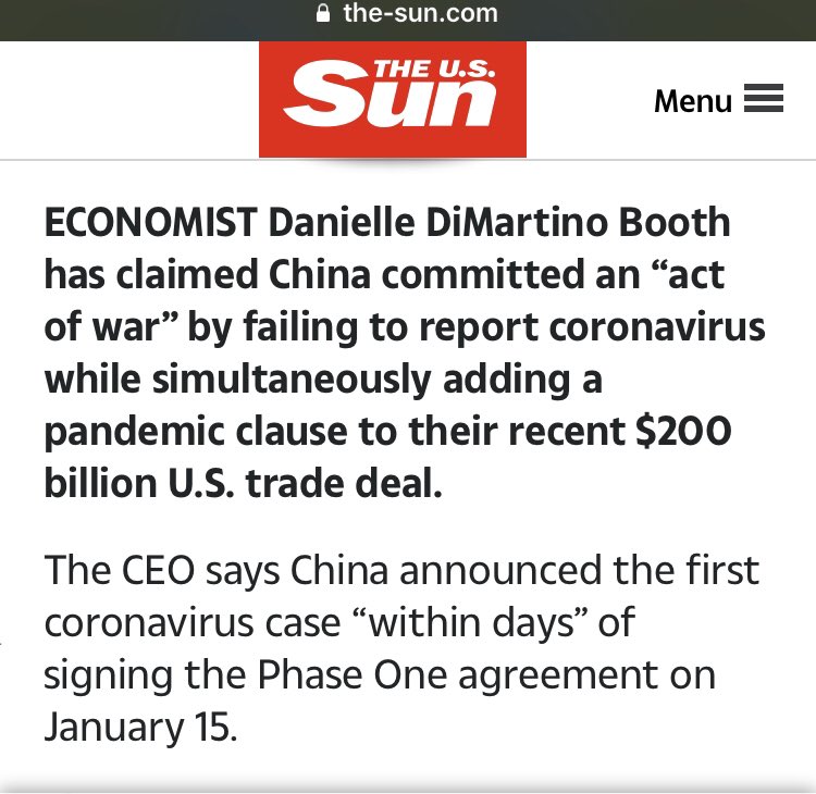 Someone that I highly admire,  @DiMartinoBooth, highlighted in an interview that the CCP required a “pandemic clause” be added to the trade deal...just coincidence?  https://www.the-sun.com/news/us-news/693745/china-pandemic-out-clause-coronavirus/