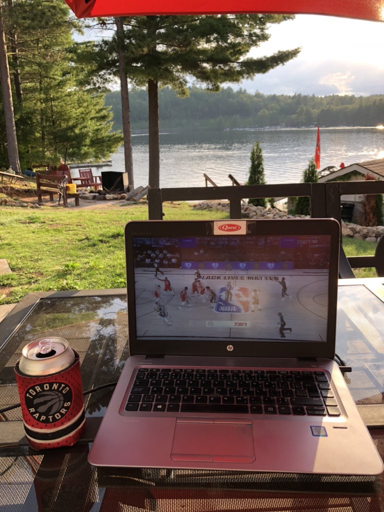 Toddthornton7's tweet photo. @Raptors playoffs in Aug? Ah yeah we can make this work @Matt__Devlin, @LeoRautins no twine and wine, but can do beer and cheer #WeTheNorth @Sparkplug1124 #sunsetsweep https://t.co/PDoc5azTCf