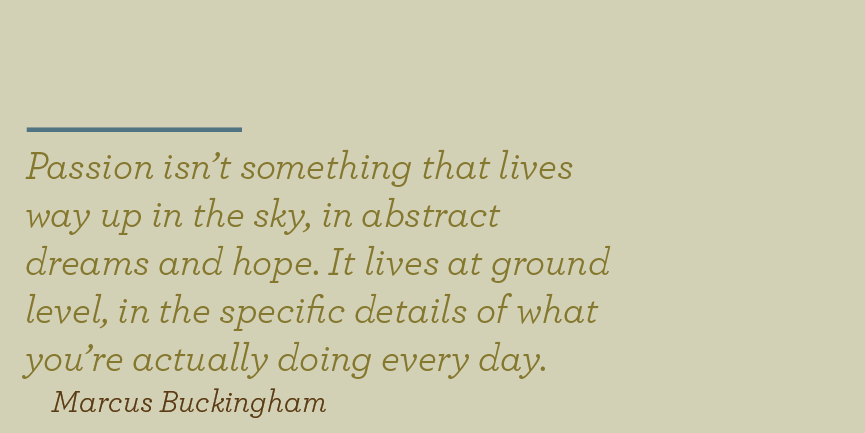 "Passion isn't something that lives way up in the sky, in abstract dreams and hope. It lives at ground level, in the specific details of what you're actually doing every day." – Marcus Buckingham
