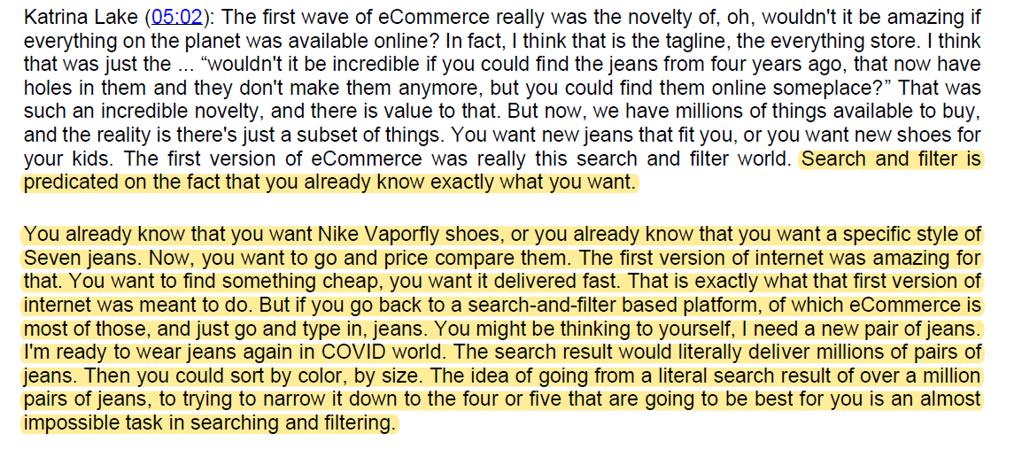 2/ Search and filter is the first version of the internet and may prove to be outdated as we move to the next version.I'm not sure buying jeans is such a hassle in  $AMZN or in other shops.