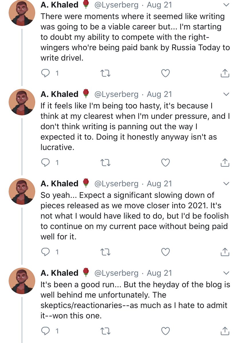 The guy who told me to swallow his dick is going to stop pursuing writing as a career.   https://twitter.com/sophnar0747/status/1285031270498611201