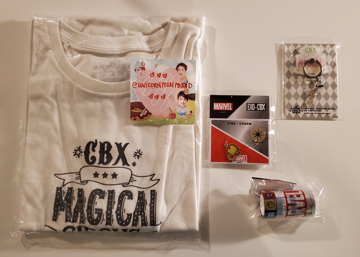 WTS EXO CBX MAGICAL CIRCUS SPECIAL EDITION GOODS T-SHIRT size medium $36 baekhyun ironman marvel pin charm $18 phone ring griptok $18 marvel masking tape $14 buy all 4 items get free priority shipping 