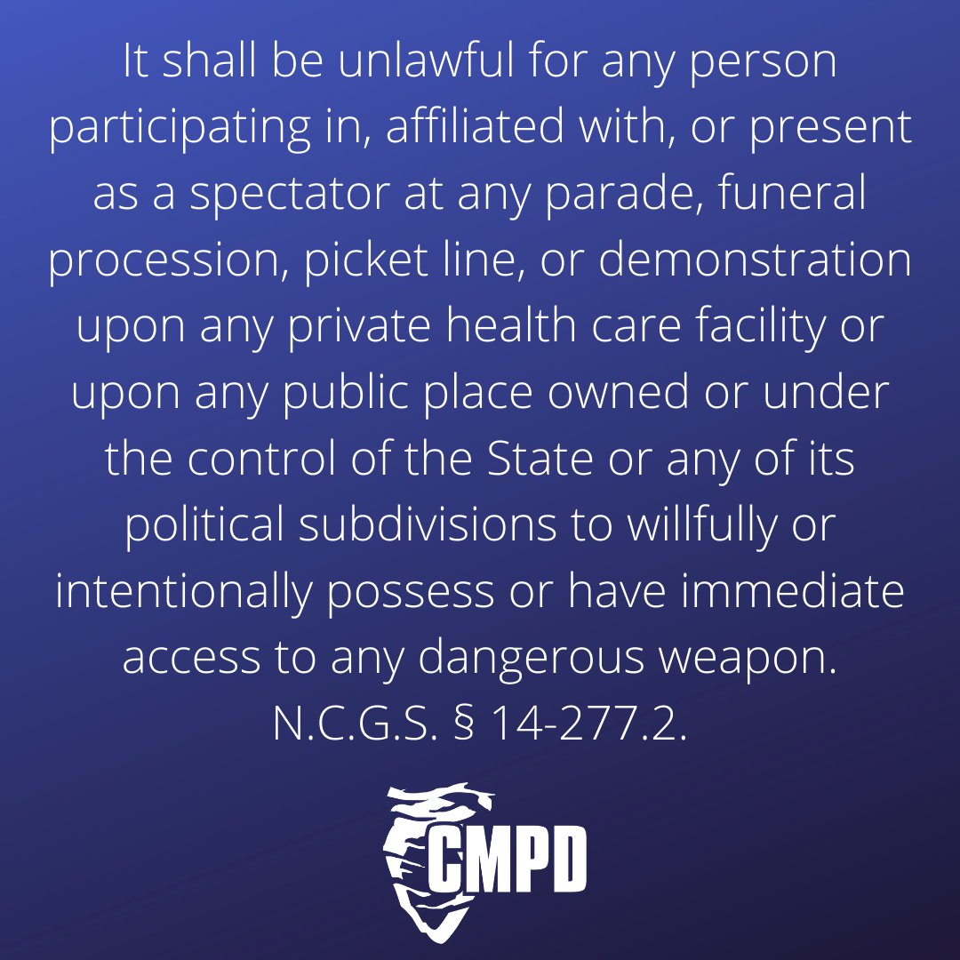 In response to a few social media posts, we want to provide a reminder that it is unlawful to bring weapons to a demonstration. #clt #charlottenc ncleg.net/enactedlegisla…