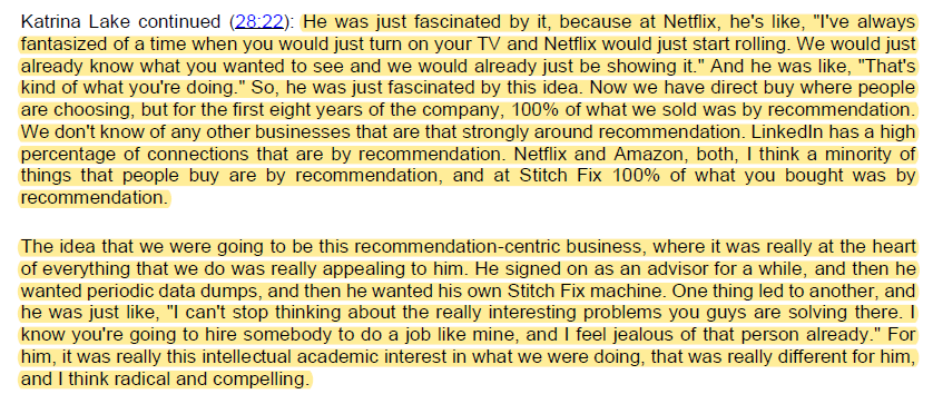 6/ One of Katrina's superpowers was convincing the likes of Mike Smith (Former CEO of  http://Walmart.com ) and Eric Colson (Former Chief Algorithm Officer of  $NFLX) to join SFIX. Given SFIX achieved something NFLX fantasized about in a different domain, Colson was intrigued
