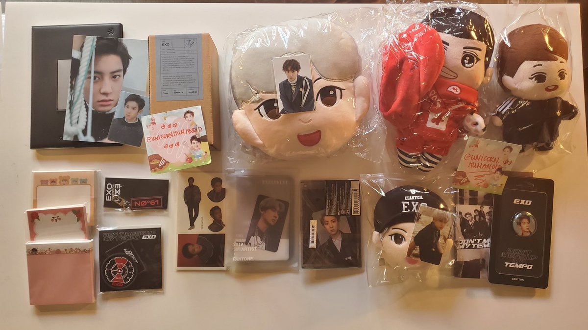 WTS EXO CHANYEOL BUNDLE $240 SHIPPED PRIORITYDOLLS, SEALED TEMPO POSTCARD SET, GRIPTOK, MEMOS STICKERS UNIVERSE NOTEBOOK FULL SET, TERRARIUM KIT FULL SET BUT NO ROCKS/PLANT CHARACTER POUCH AND CUSHION**IF YOU SEE A PC IN THE PICTURE, IT'S INCLUDED. IF YOU NOT, IT'S ITEM ONLY
