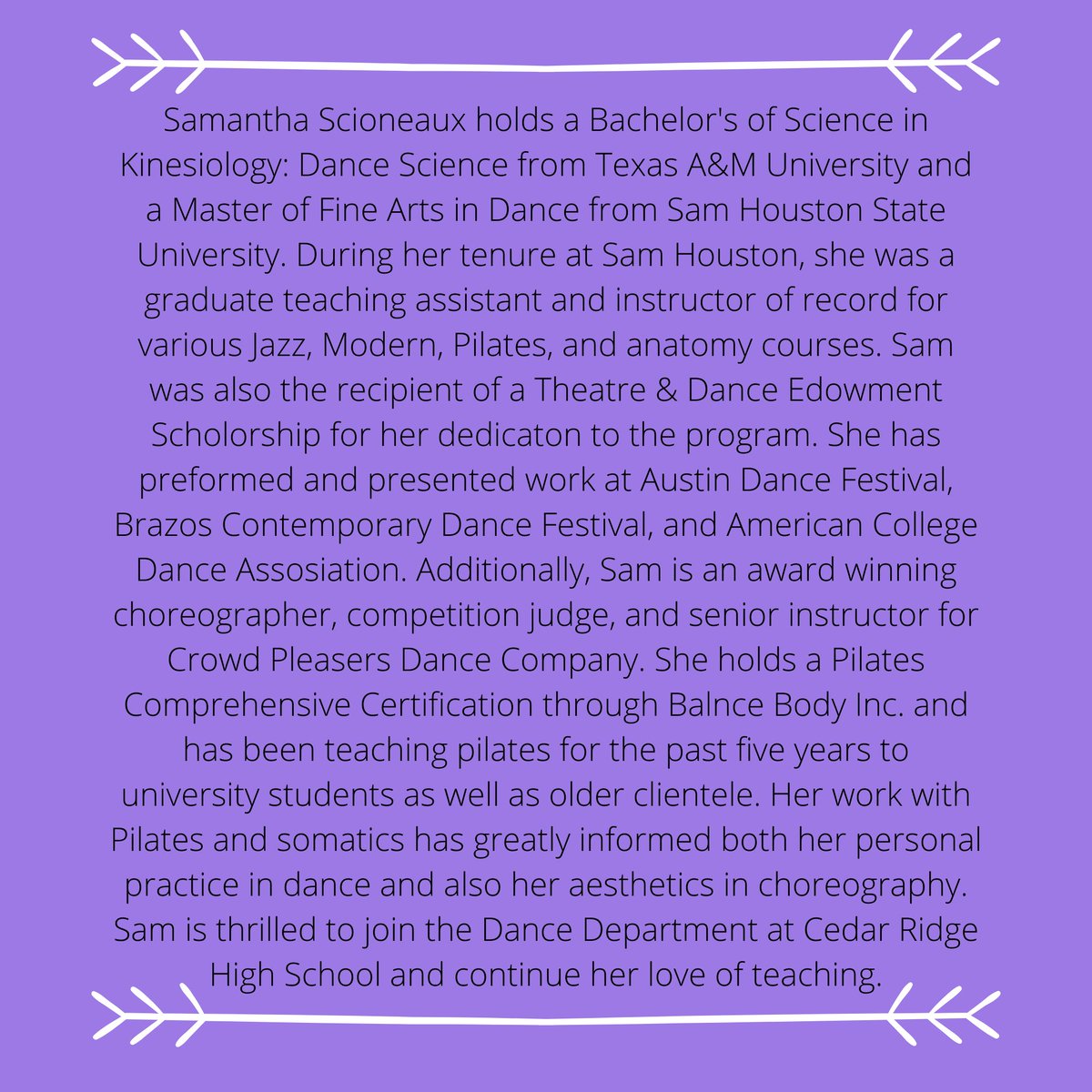 Cedar Ridge Dance Department Welcomes the newest addition to our staff! We are so excited to have you!