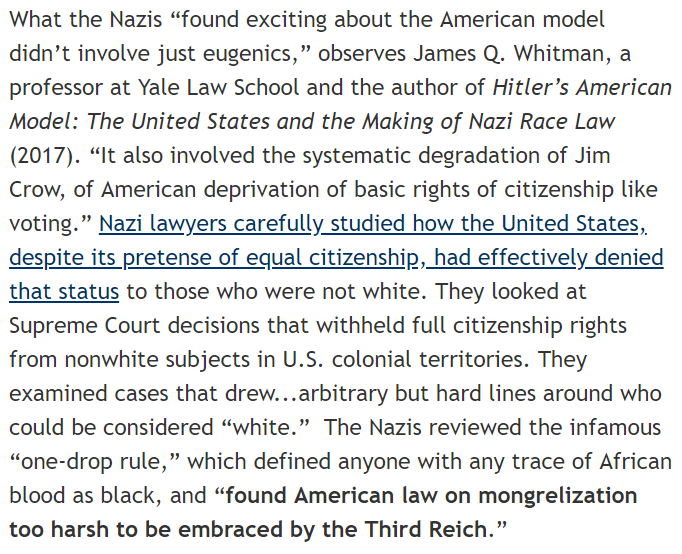 since nazi germany is trending bc someone suggested the US is as bad if not worse than it, here's a reminder that the nazis studied and were inspired by US jim crow laws, but even they thought it was too harsh