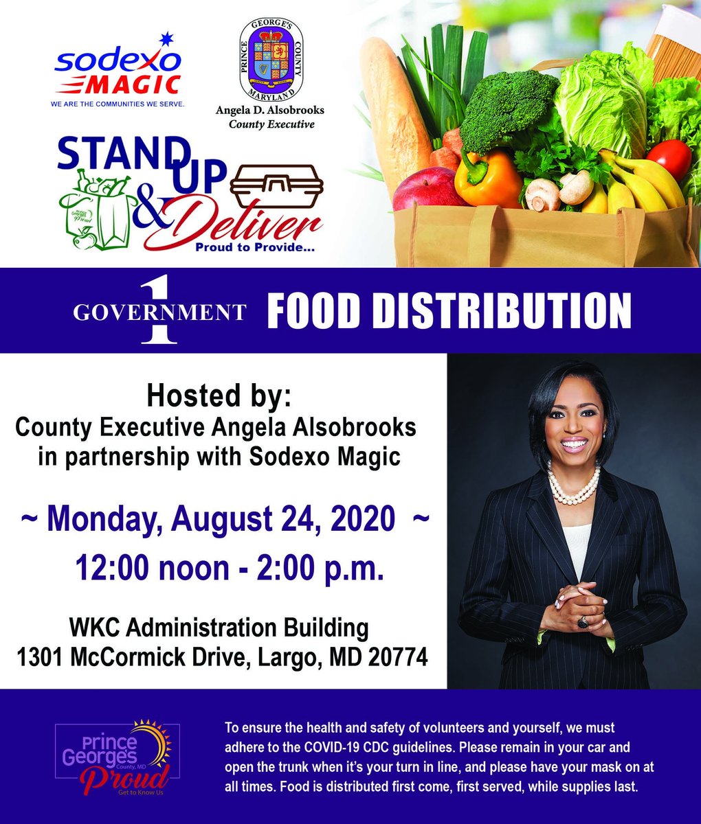 PGCHealth's tweet image. Through the County’s Stand Up &amp;amp; Deliver program, Prince George’s County will be distributing groceries to go Monday, August 24 at 12:00 PM. #PGCCOVID19 #ProudtoProvide