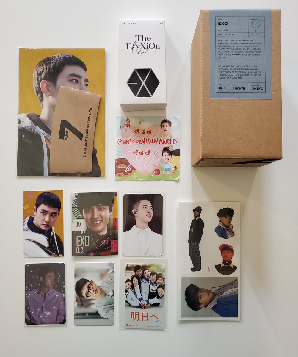 WTS EXO DO KYUNGSOO PC SET;; $260 shippedroom no.7 old star avenue version 1 lotte wish card no hole, elyxion voice key ring, CART movie ticket, exo ladder, kstar hit double sided pc, terrarium kit full set not including rocks or plant