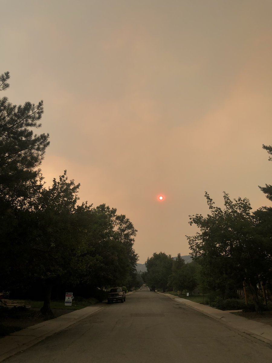 Small info thread on fires+smoke+running!Is it really that much worse to run in the smoke than hike/walk? Yes. Sadly it is. Here's why!(papers/info courtesy of the +1, who works at  @LASPatCU & studies this stuff , photo is our street a couple days ago at approx 4pm )