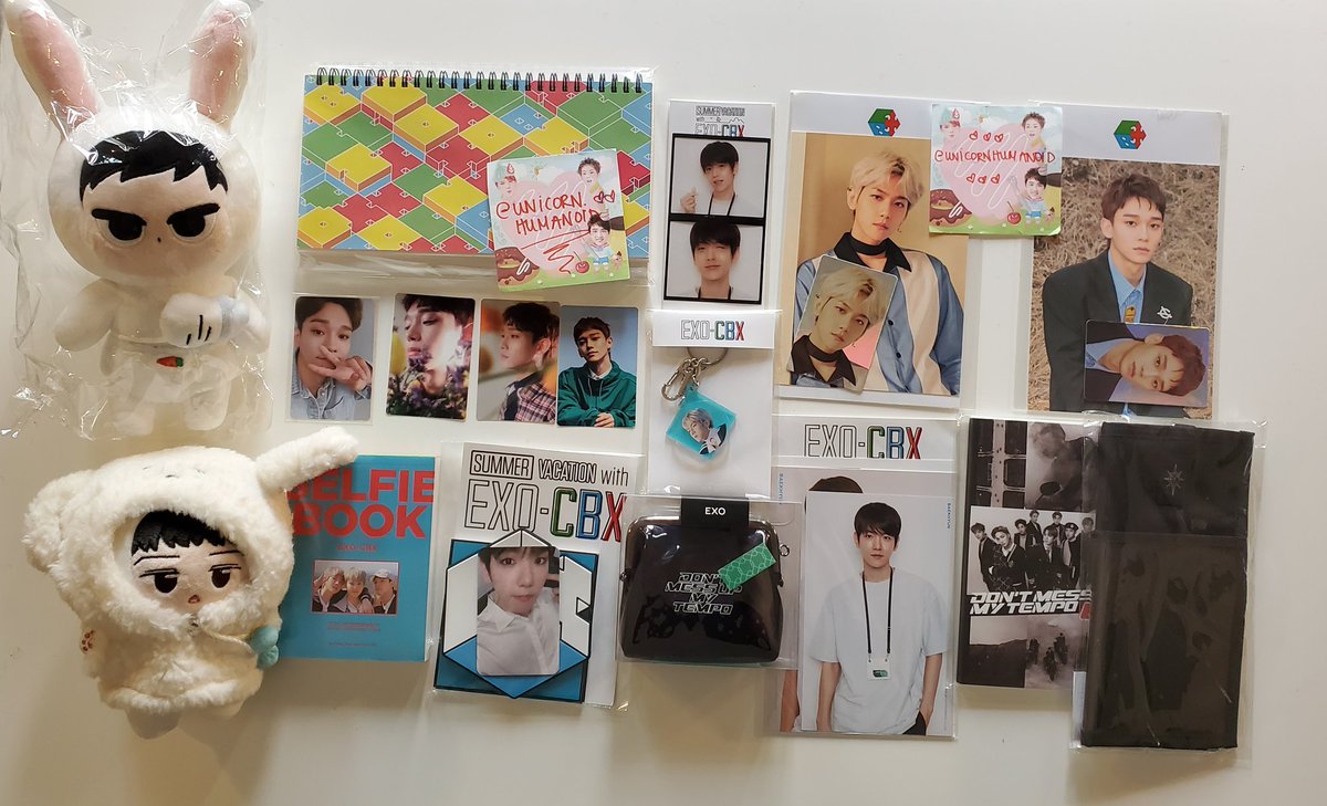 WTS EXO CBX SET $110 shipped;dolls, cbx planner *no pc* chen summer vacation fanmeet pc, selfie book blooming days holo set, film strip, coin pouch baekhyun postcard set, sealed tempo postcards, ticket holder*if you don't see the original pc in this picture, it's not included!