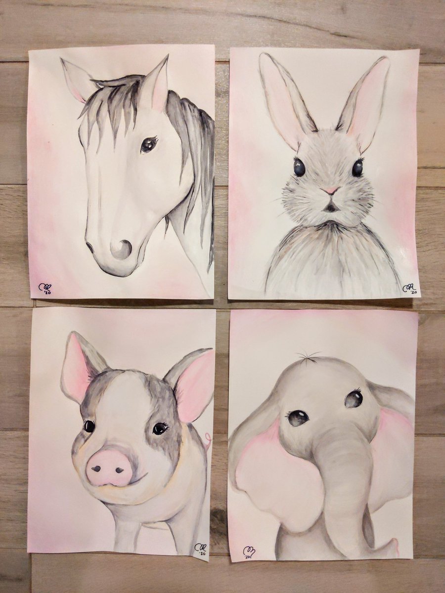 A gift for a good friend of mine. Excited to see them hanging in Kala's nursery. #watercolor #greyscale #animalart #art #ArtistOnTwitter #artshare #painting #watercolorpainting #popofpink #nursery #itsagirl #babygirl