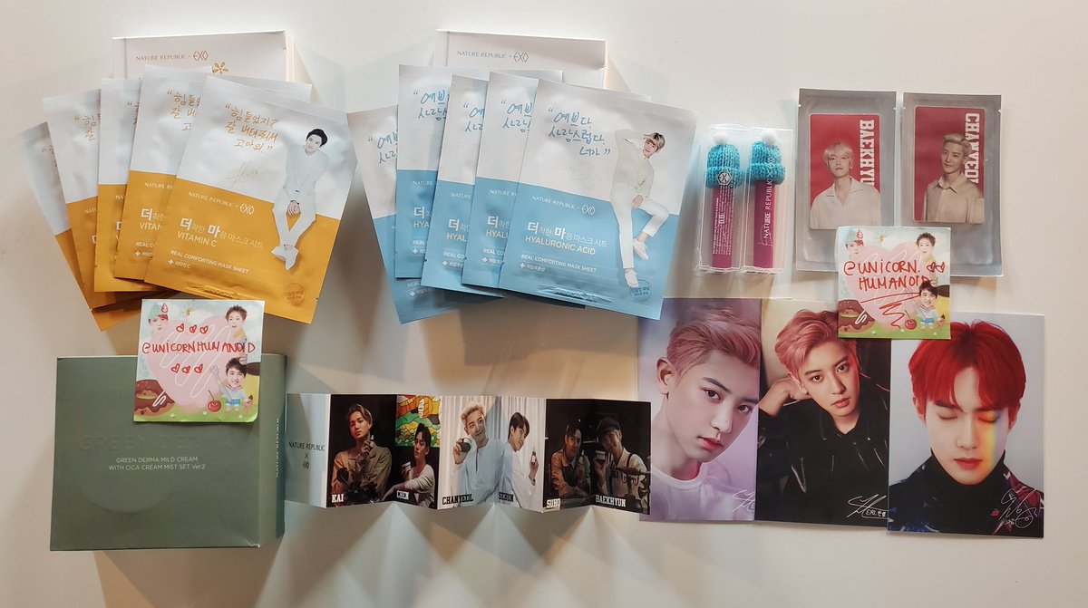WTS EXO NATURE REPUBLIC GOODS WITH PCS + POSTCARDS; $100 shipped! (will be ground shipping because of the derma set!!) if uncomfortable with that pls don't buy~ ;--;derma cream + cicas mist set, sealed! kyungsoo lip tint, chanyeol baekhyun pcs, accordian card face mask sheets