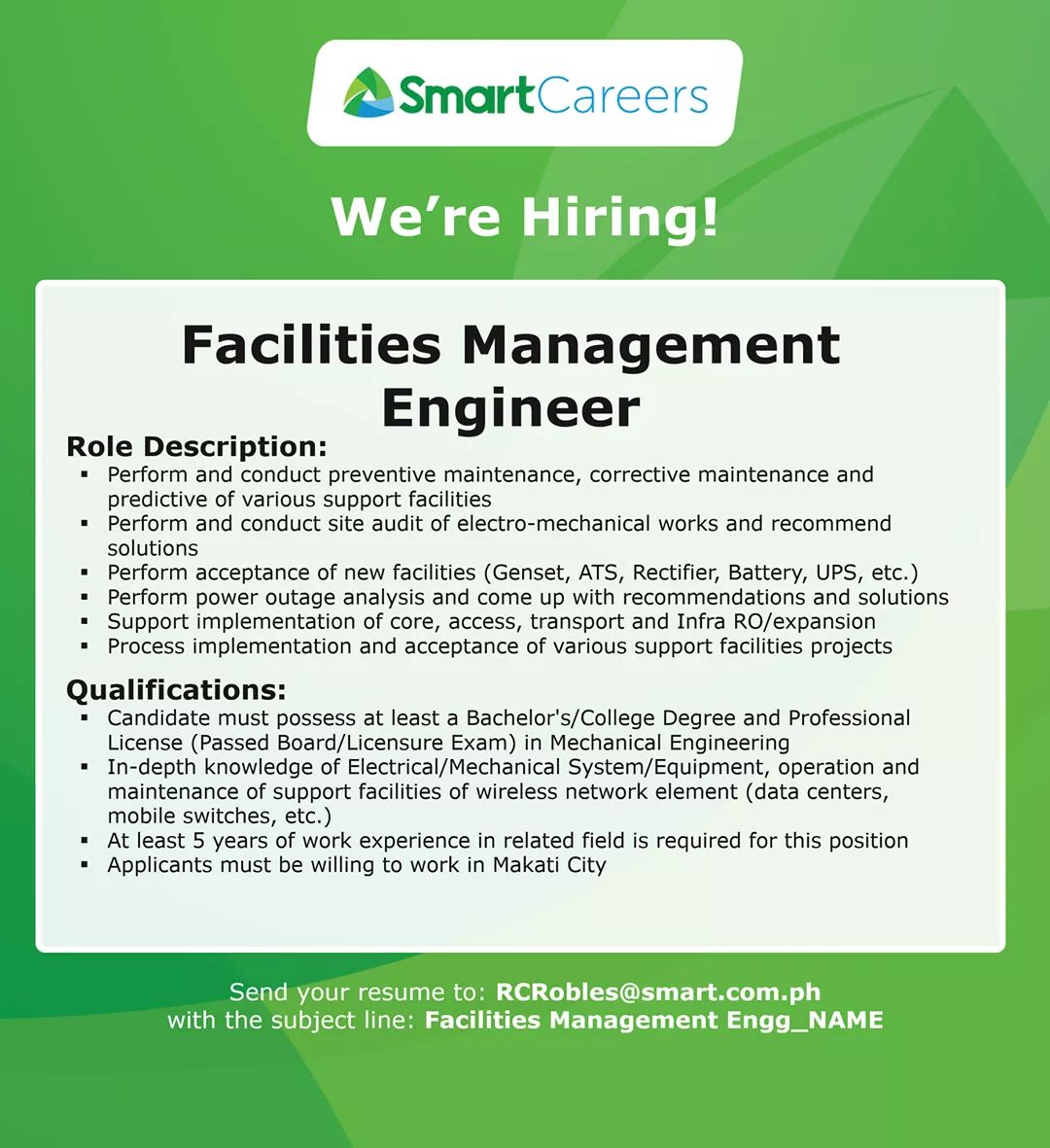 WorkatSMART's tweet image. We&apos;re looking for a Facilities Management Engineer! Join our Smart team today! Check out the ad for more details. #WorkAtSmart #SmartCareers