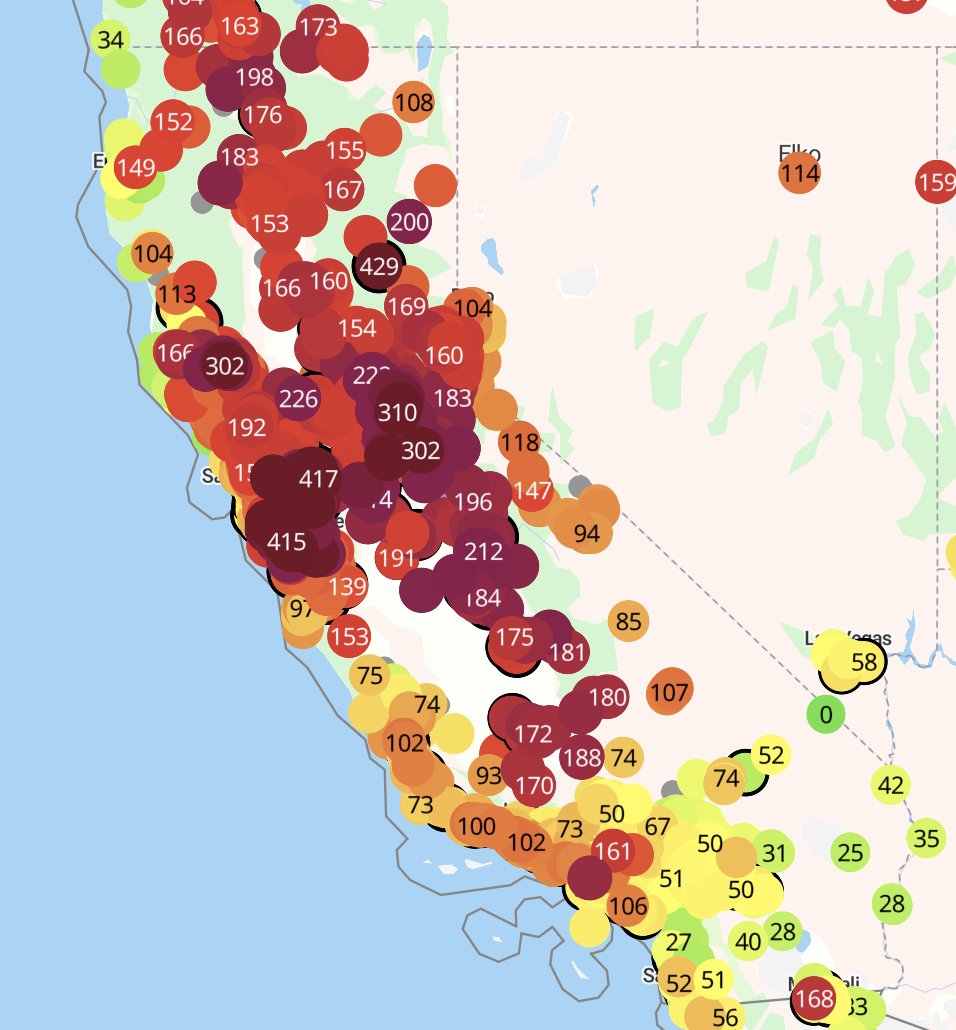 bwallace_sf's tweet photo. And it is affecting the way we all live....  This is just a glimpse into current air quality throughout the state.  LOTS of red... https://t.co/IdKZ8Ii3zI