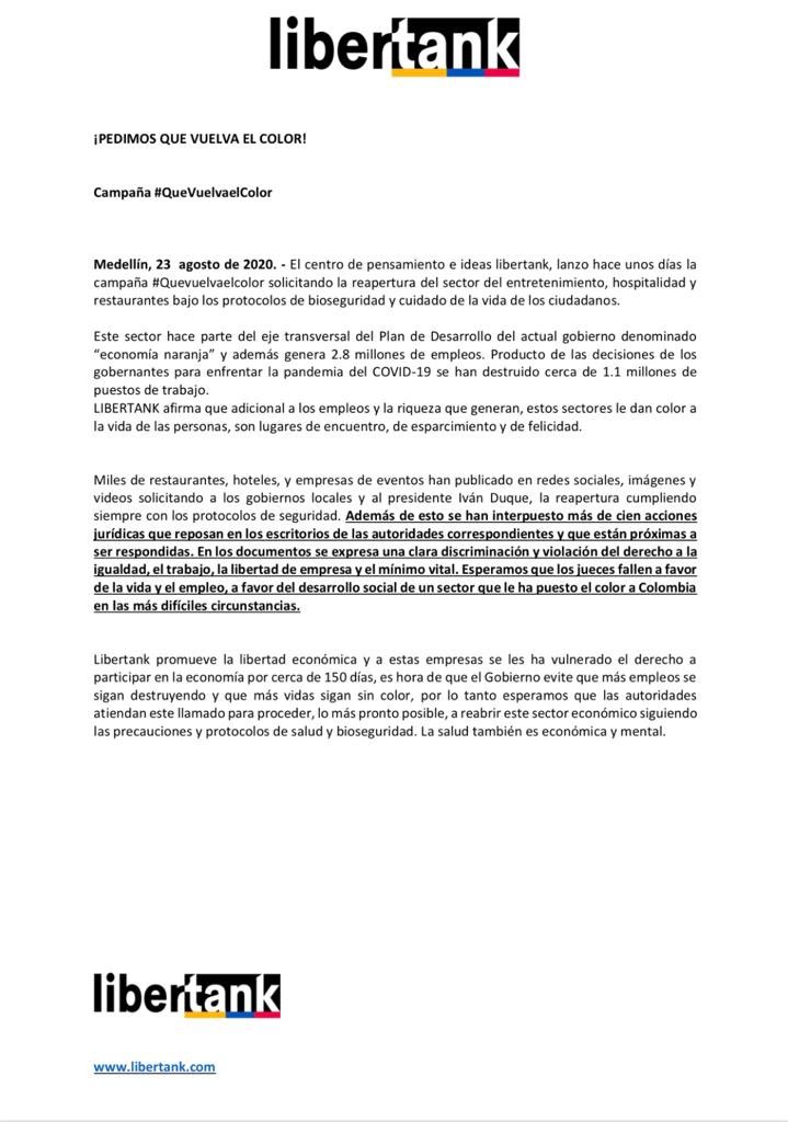IMPORTANTE!
Como industria tomamos acciones legales sustentadas en nuestros derechos fundamentales.
COMPARTIR 📢
@LIBERTANK_ 
#QueVuelvaElColor ✊🏻🌈
<a href="/infopresidencia/">Presidencia Colombia 🇨🇴</a> <a href="/IvanDuque/">Iván Duque 🇨🇴</a> <a href="/QuinteroCalle/">Daniel Quintero 🇨🇴</a> <a href="/AlcaldiadeMed/">Alcaldía de Medellín</a> <a href="/WRadioColombia/">W Radio Colombia</a> <a href="/BluRadioCo/">BluRadio Colombia</a> <a href="/NoticiasCaracol/">Noticias Caracol</a> <a href="/NoticiasRCN/">Noticias RCN</a> <a href="/RevistaSemana/">Revista Semana</a>