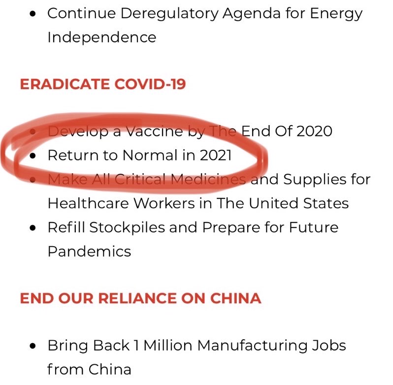 One line item of President Trump’s second term agenda reads, “Return to normal in 2021.”