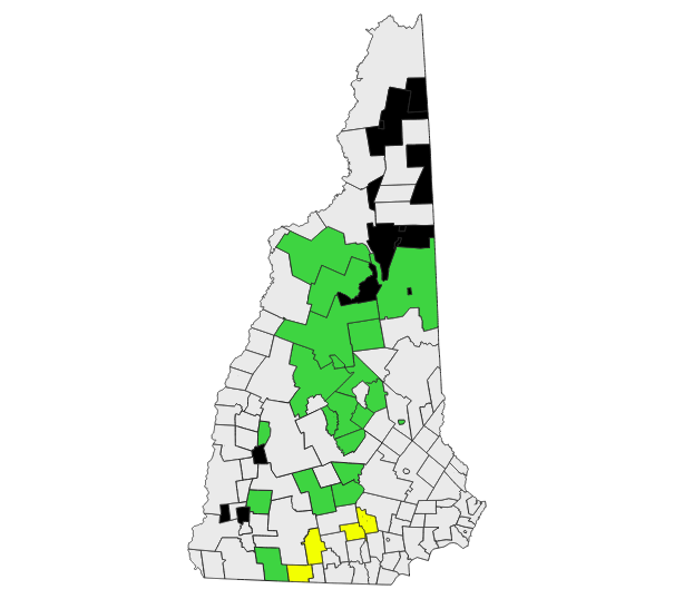 andrewsylvia's tweet image. Here is the map of the SAUs mentioned plus Bedford (green - all sports, yellow - some sports), but not Bishop Brady (there are approximately 200 private schools in NH, that's gonna be a whole other ball of wax)
